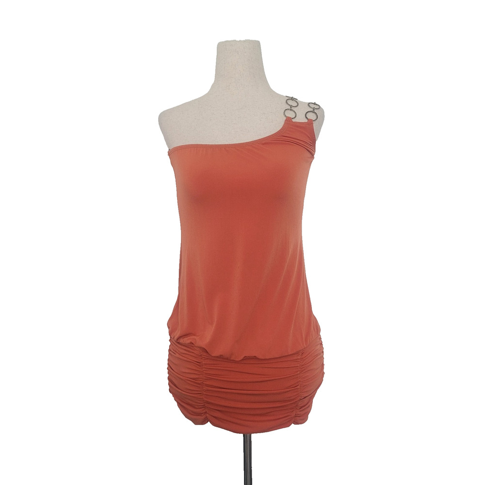 VTG Y2K One Shoulder Chain Ruched Top Size S Orange Club Disco Festival Mcbling
